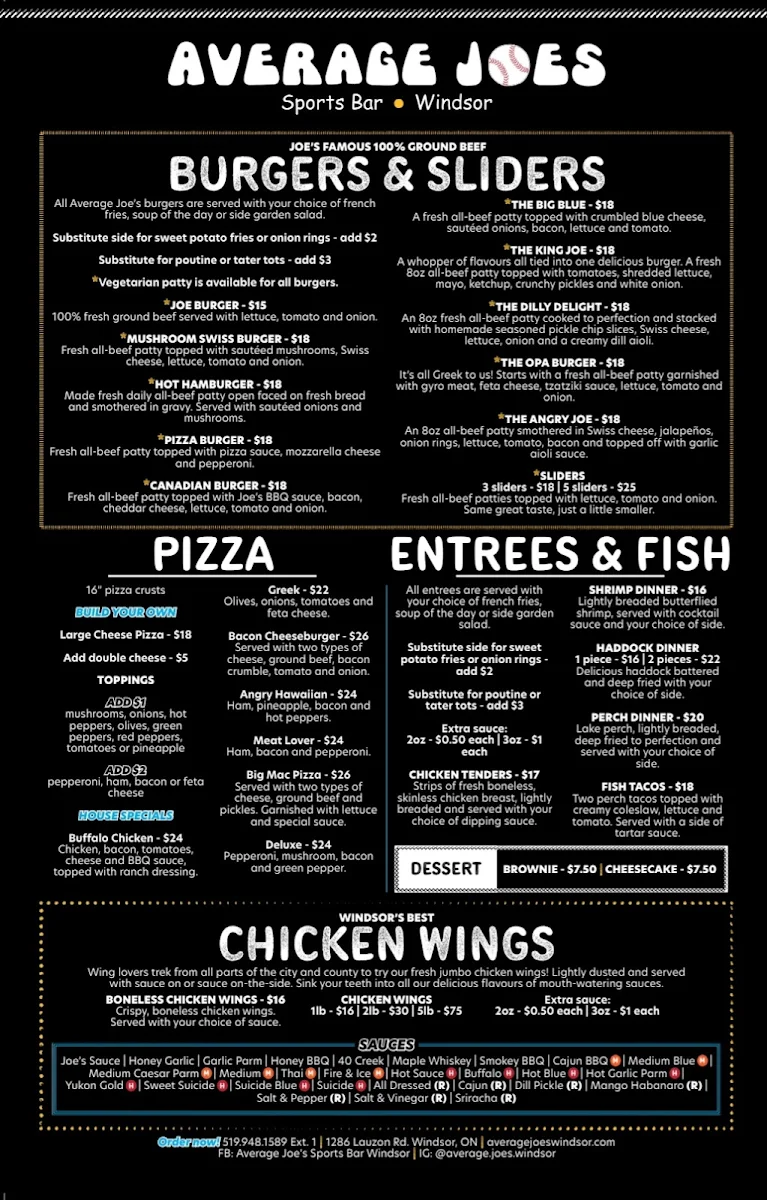 Menu, Average Joes Sports Bar