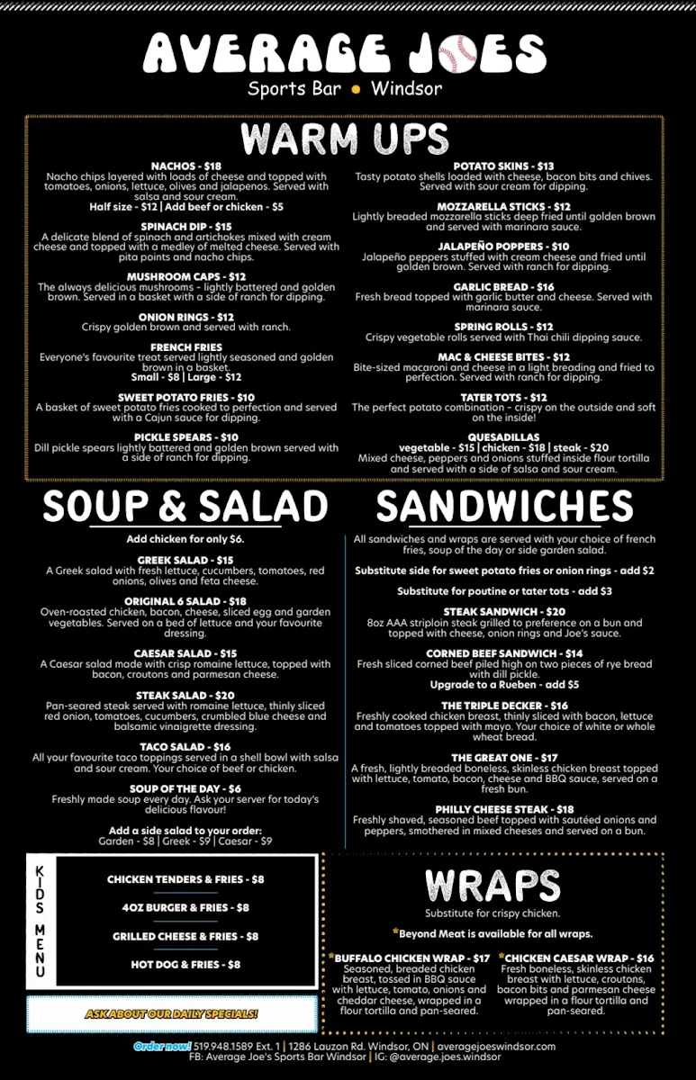 Menu, Average Joes Sports Bar