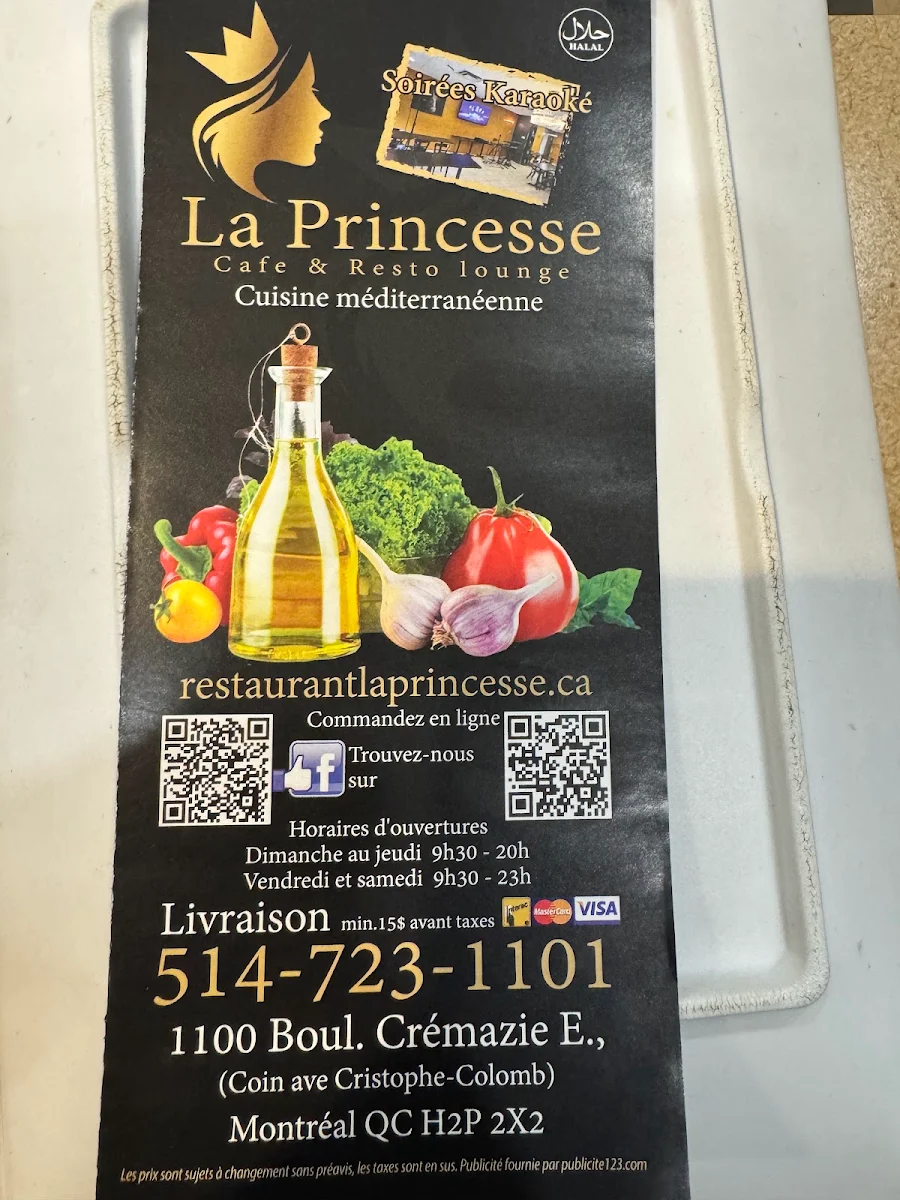 Menu, Princesse café resto lounge
