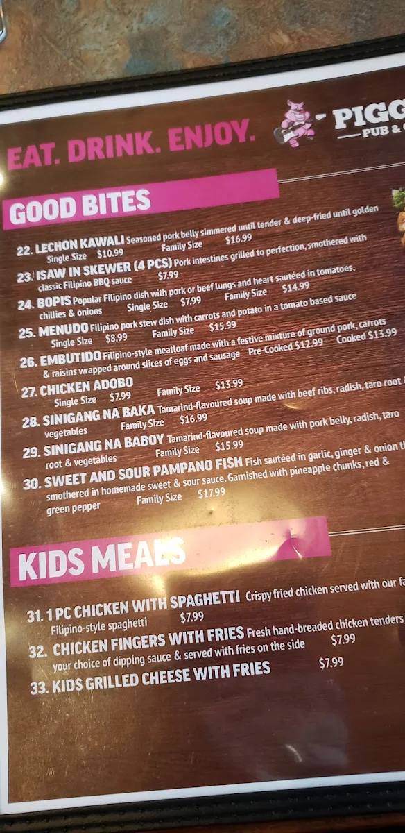 Menu, PIGGY'S PUB & GRILL