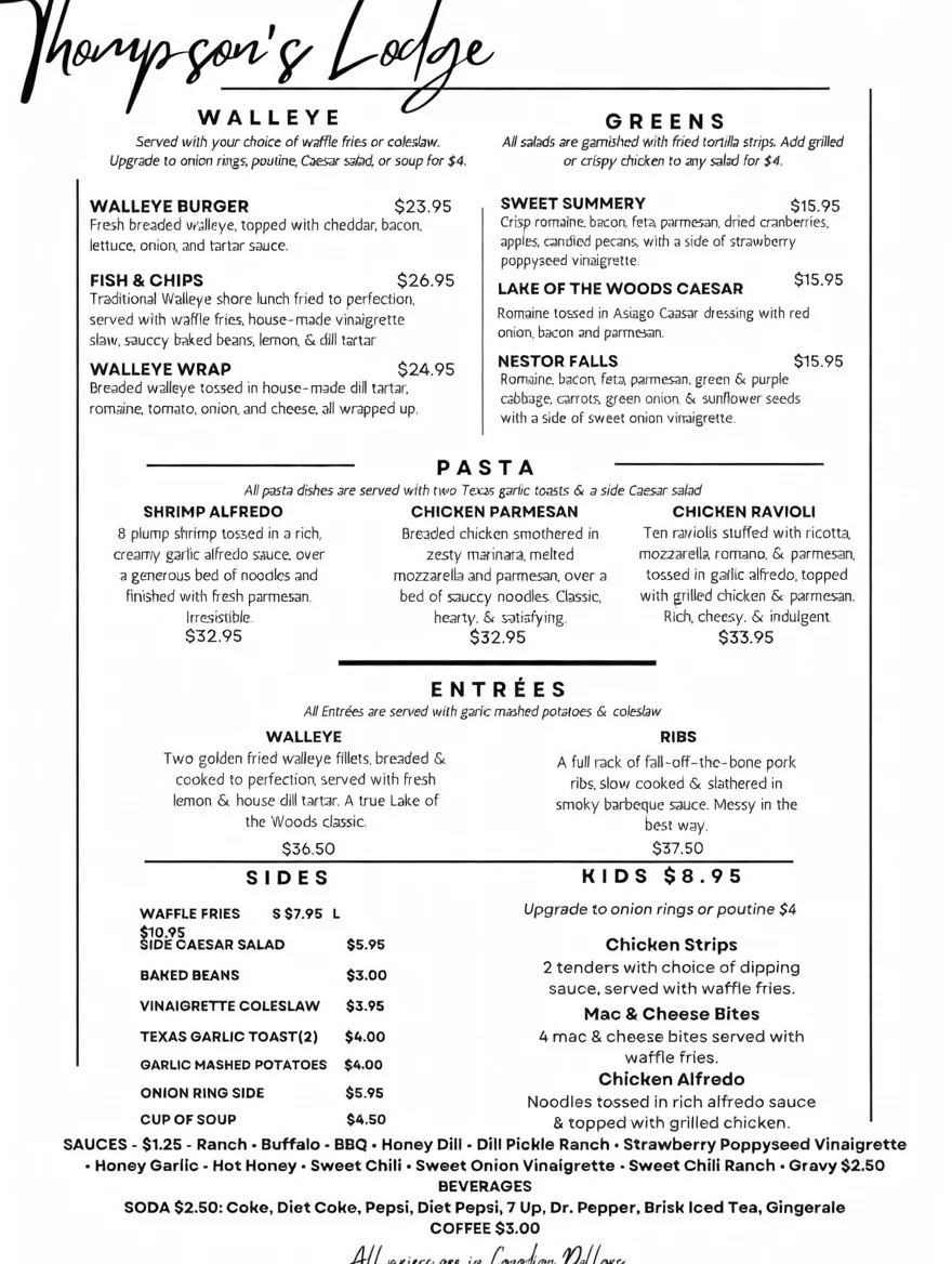 Menu, Thompson’s Lodge