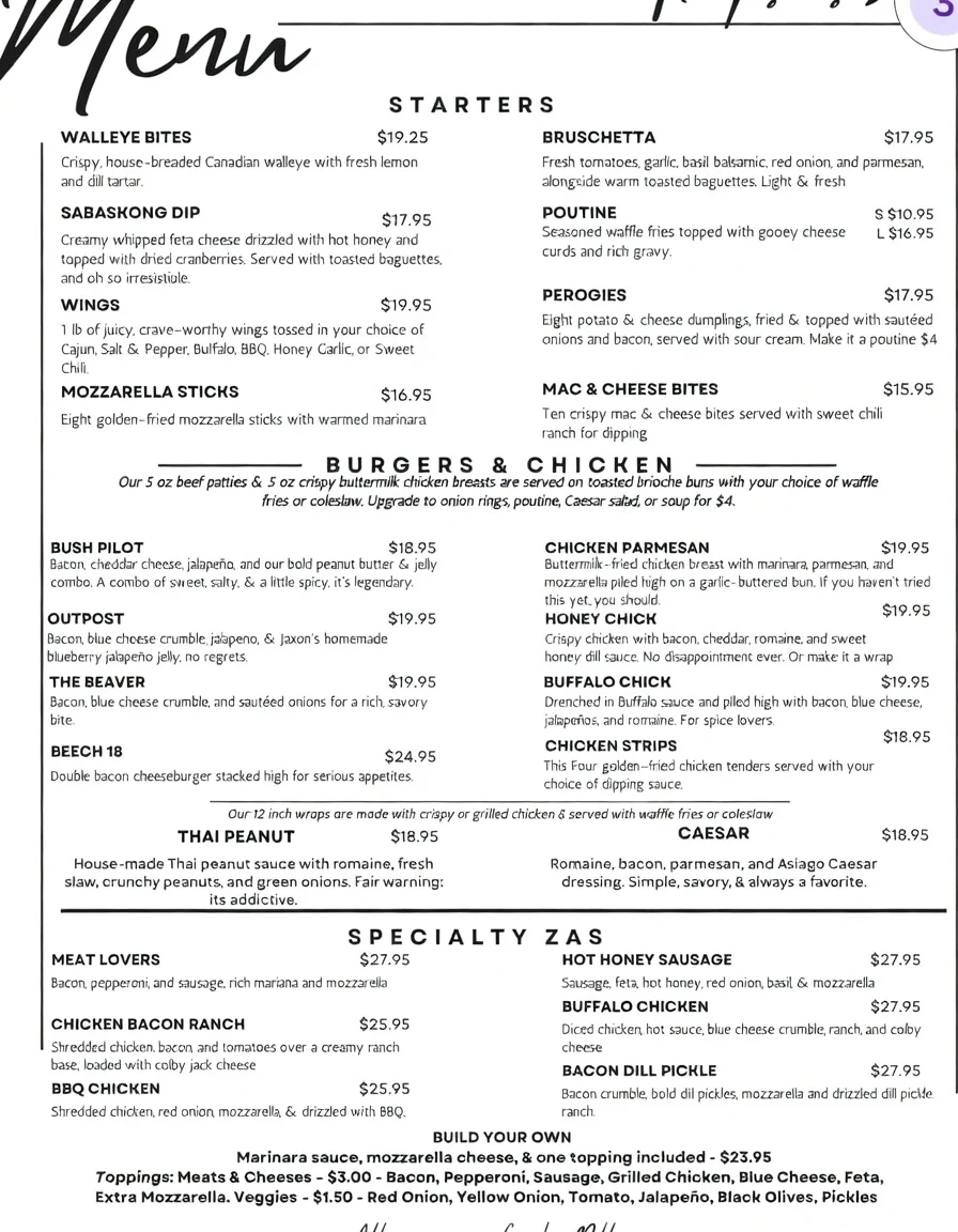 Menu, Thompson’s Lodge