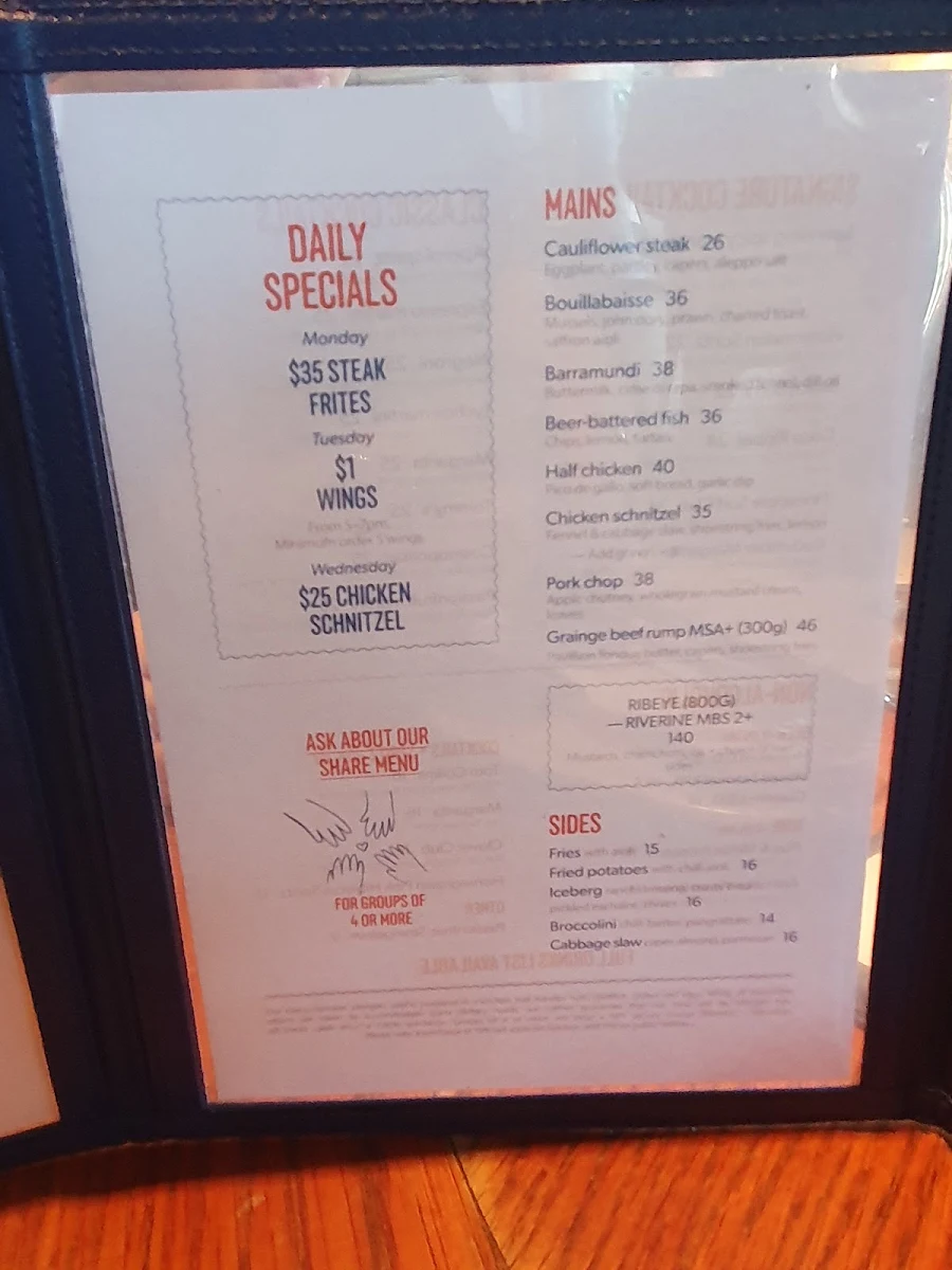 Menu, Coogee Pavilion Ground Floor