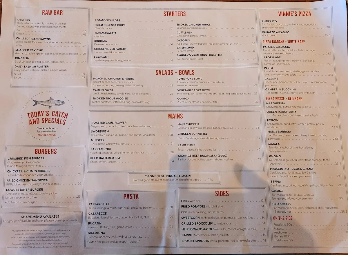 Menu, Coogee Pavilion Ground Floor