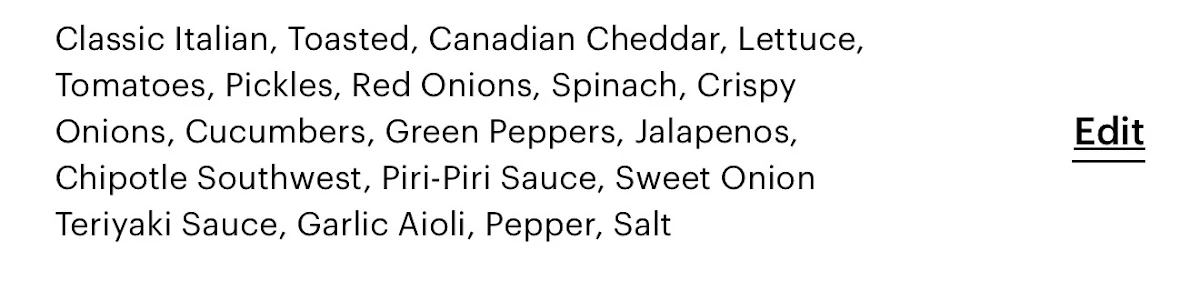 Menu, Subway