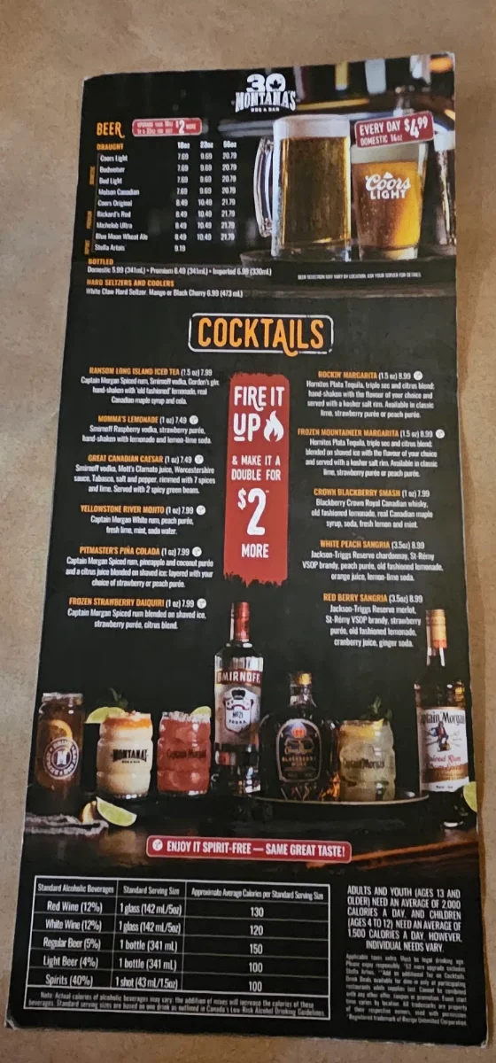 Menu, Montana’s BBQ & Bar
