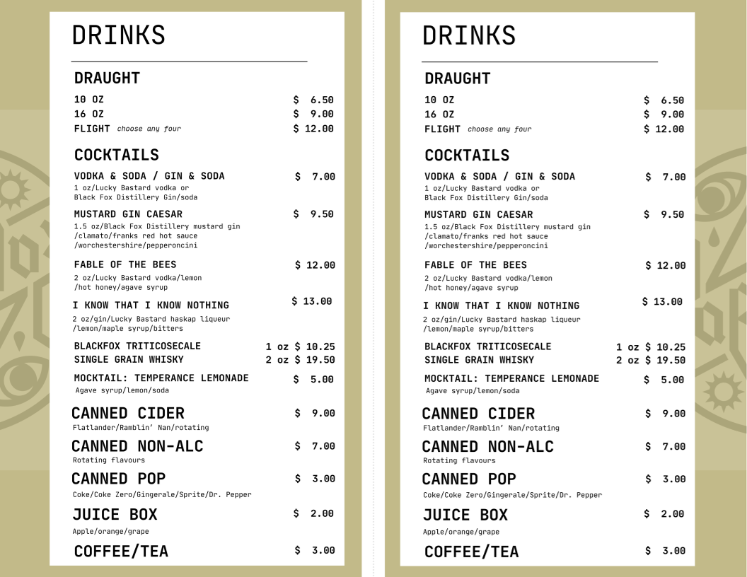 Menu, Paradox Pizzeria & Brewery
