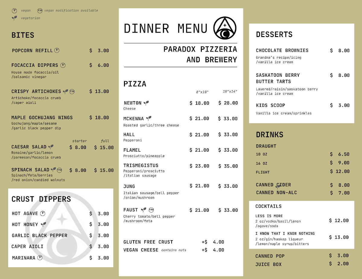 Menu, Paradox Pizzeria & Brewery