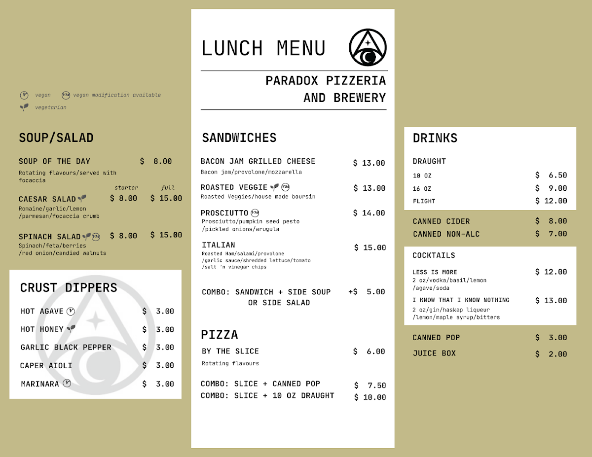 Menu, Paradox Pizzeria & Brewery