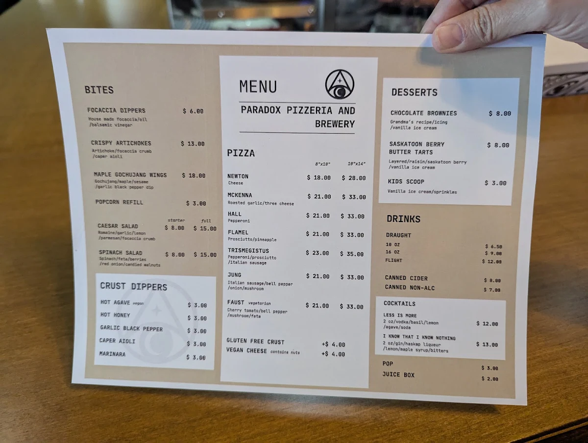 Menu, Paradox Pizzeria & Brewery