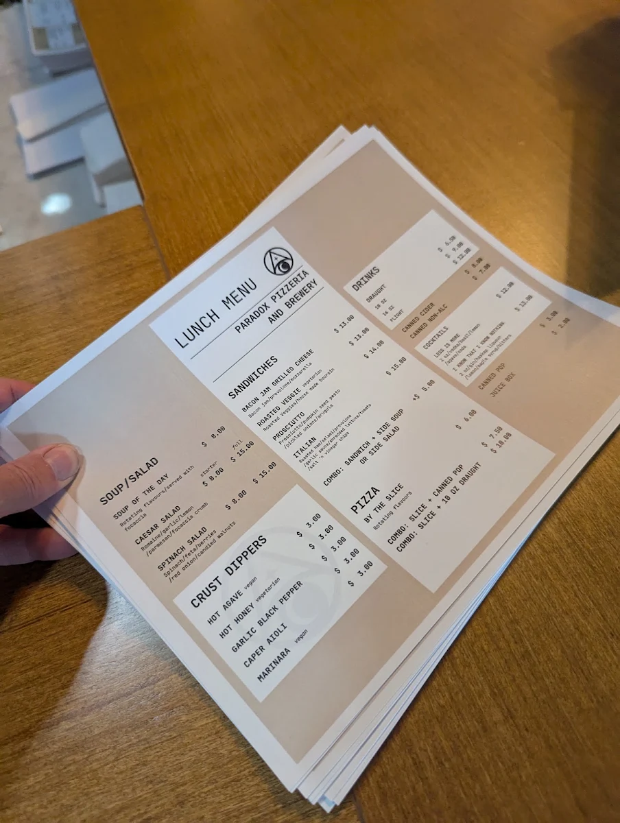 Menu, Paradox Pizzeria & Brewery