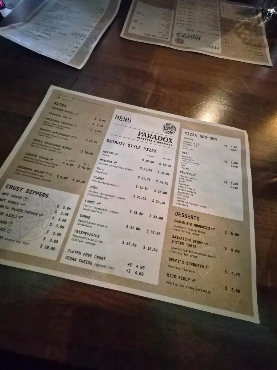 Menu, Paradox Pizzeria & Brewery