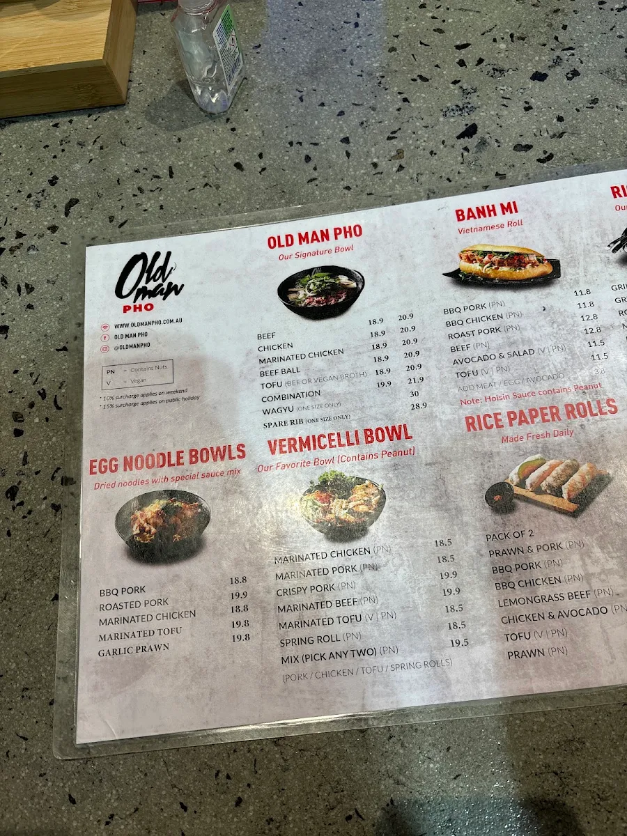 Menu, Old Man Pho Emporium - Vietnamese Restaurant