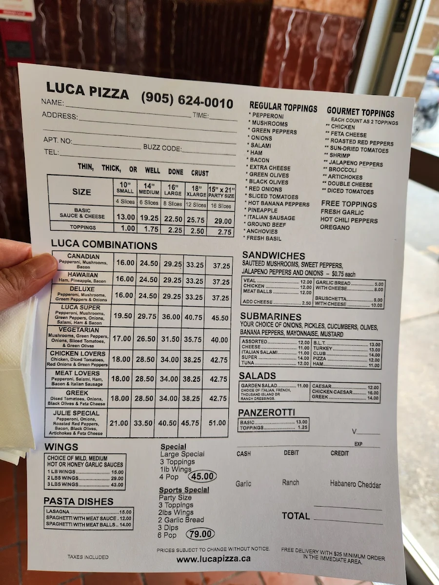 Menu, Luca Pizza