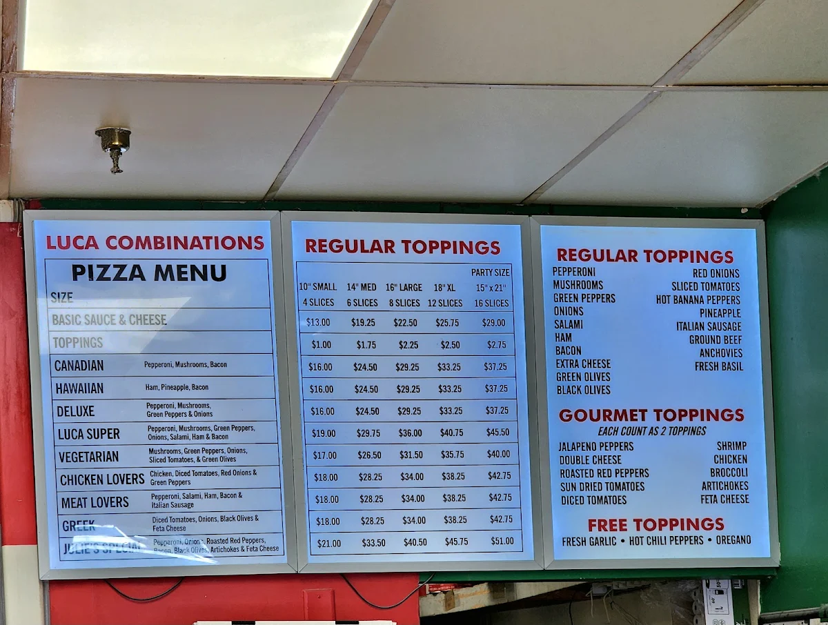Menu, Luca Pizza
