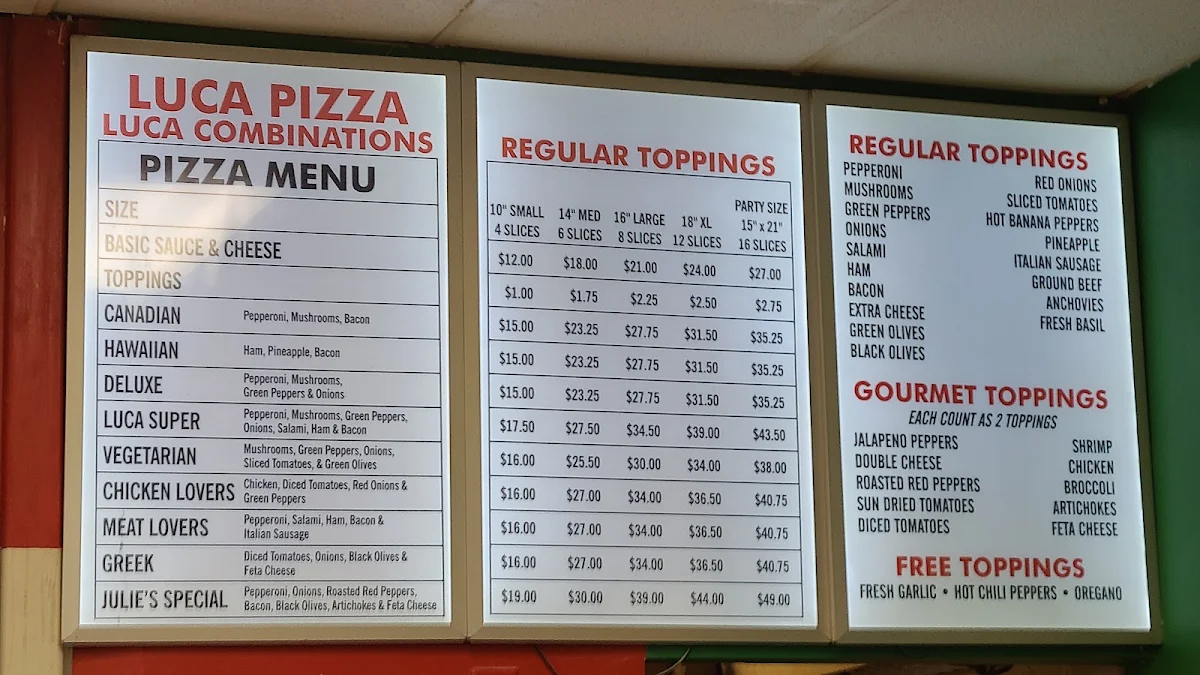 Menu, Luca Pizza