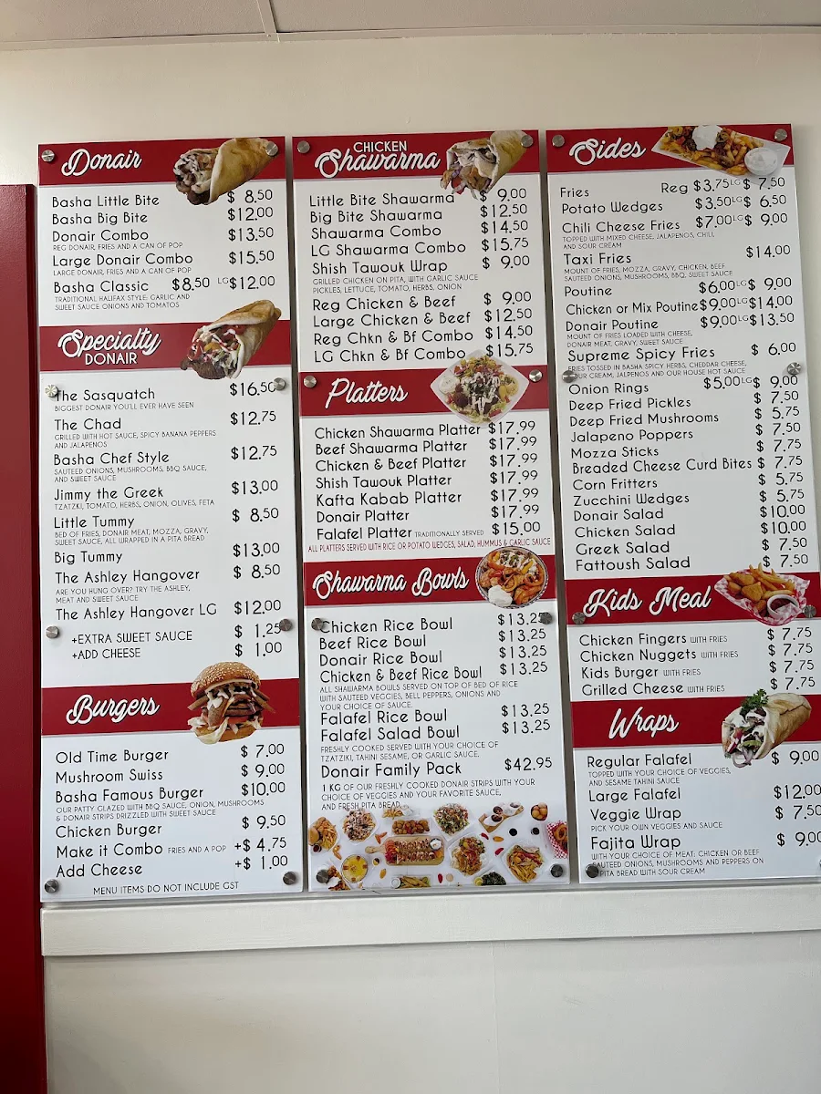 Menu, Basha Donair & Shawarma