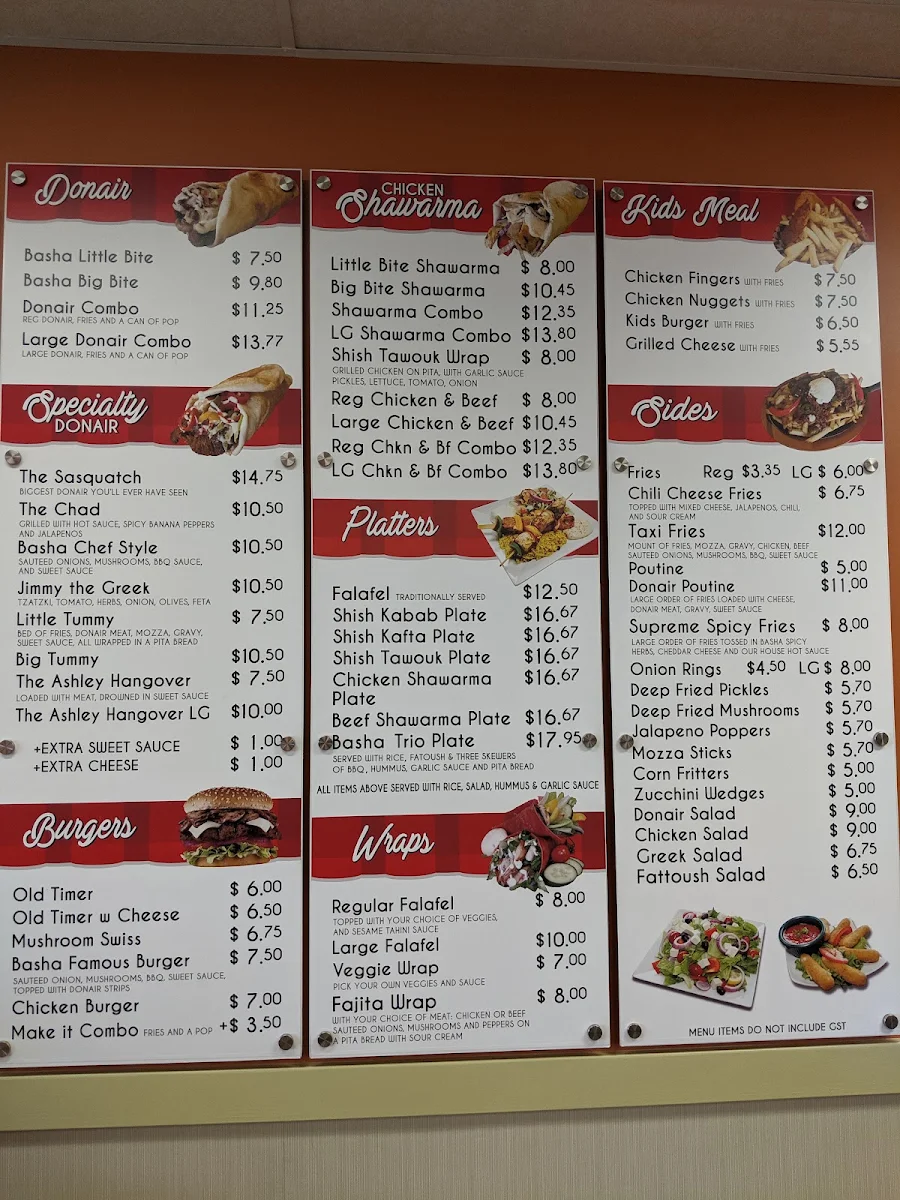 Menu, Basha Donair & Shawarma