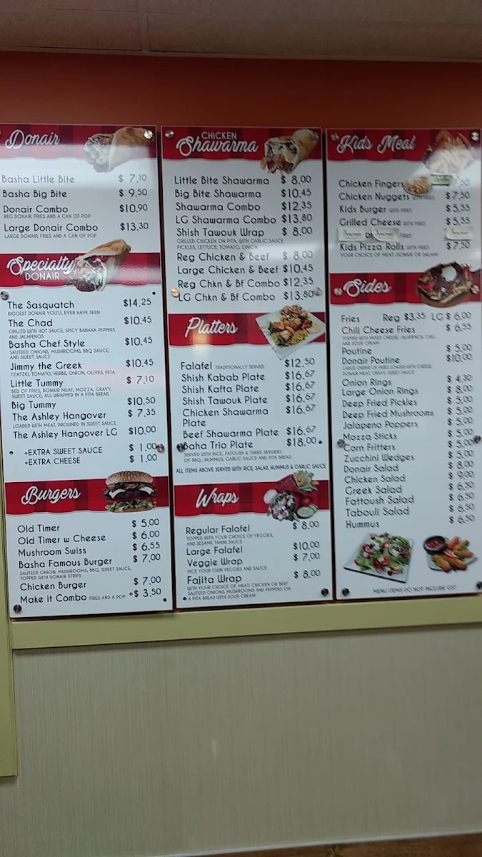 Menu, Basha Donair & Shawarma