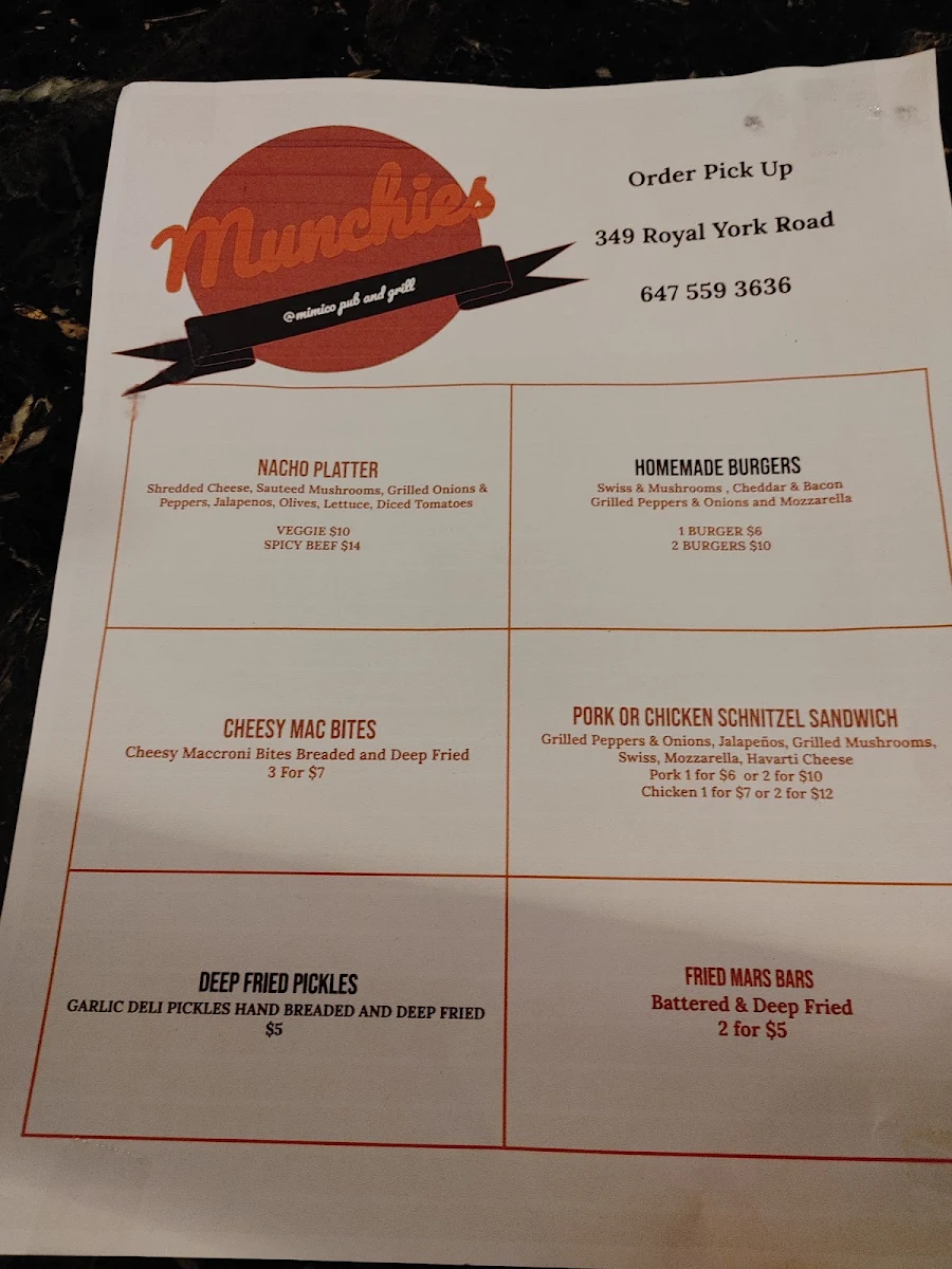 Menu, Mimico Pub & Grill