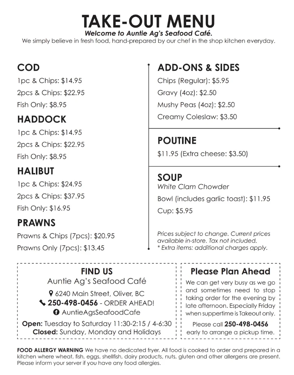 Menu, Auntie Ag's Seafood Cafe