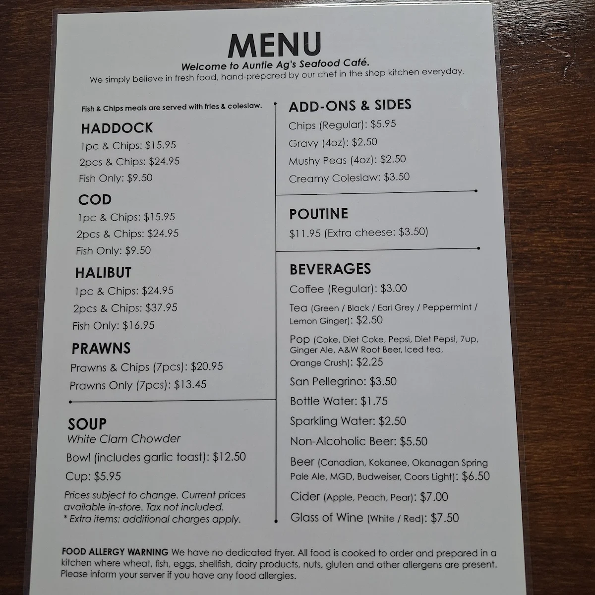 Menu, Auntie Ag's Seafood Cafe