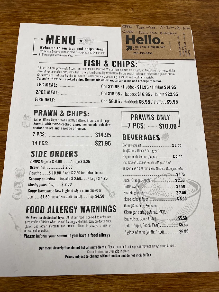 Menu, Auntie Ag's Seafood Cafe