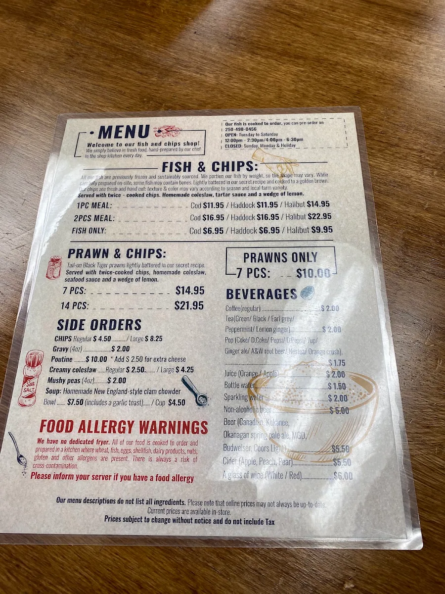 Menu, Auntie Ag's Seafood Cafe