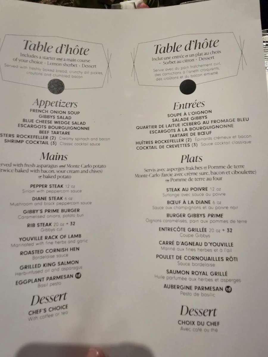 Menu, Gibbys