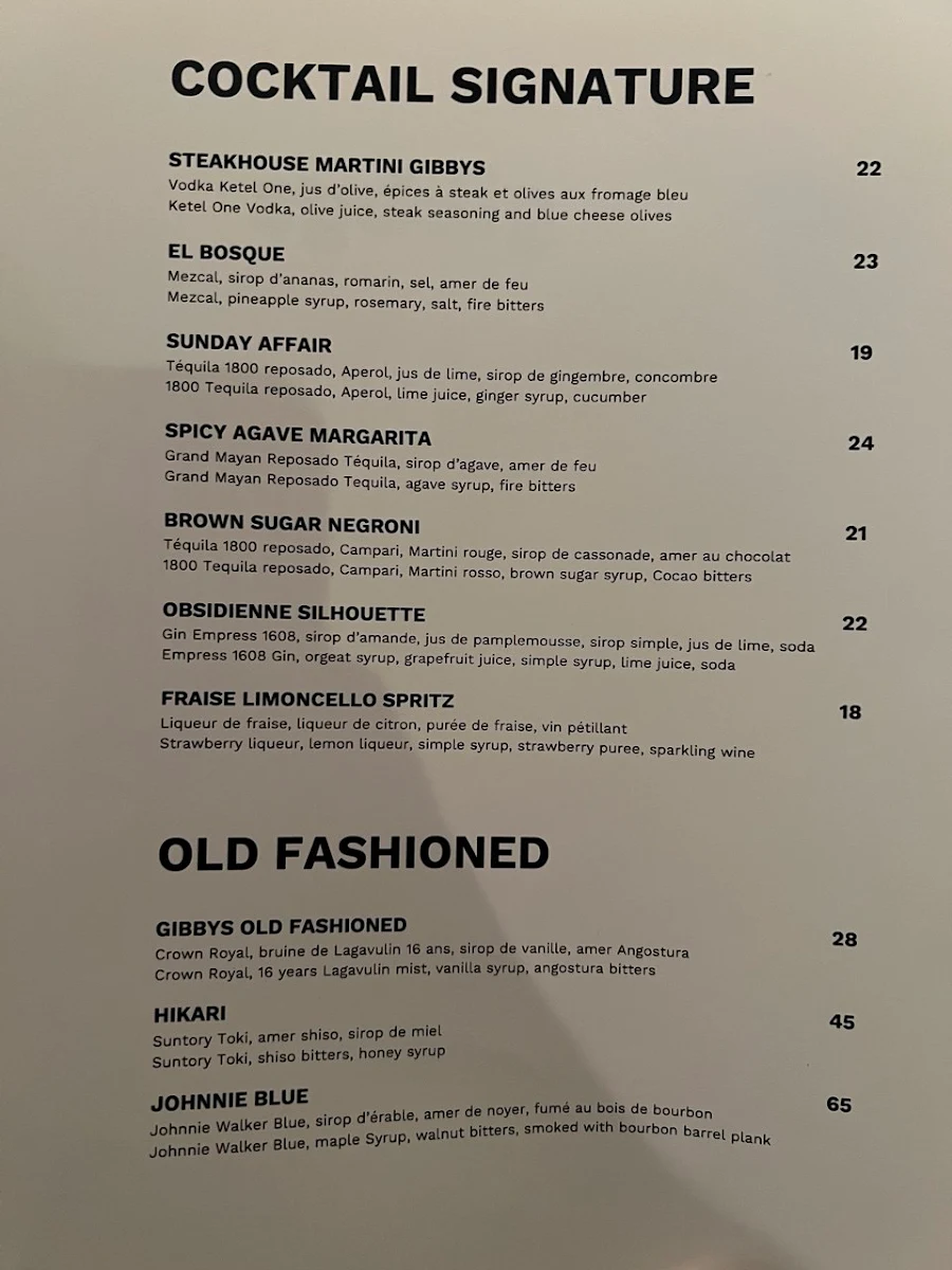 Menu, Gibbys