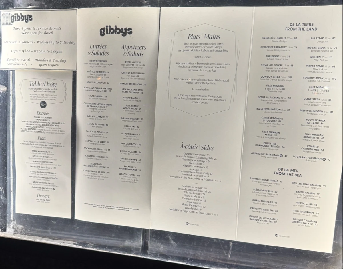 Menu, Gibbys