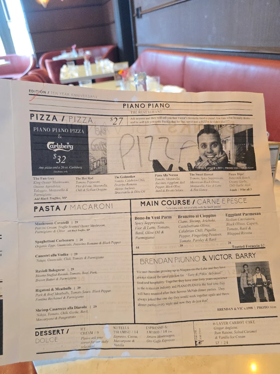 Menu, Piano Piano Restaurant