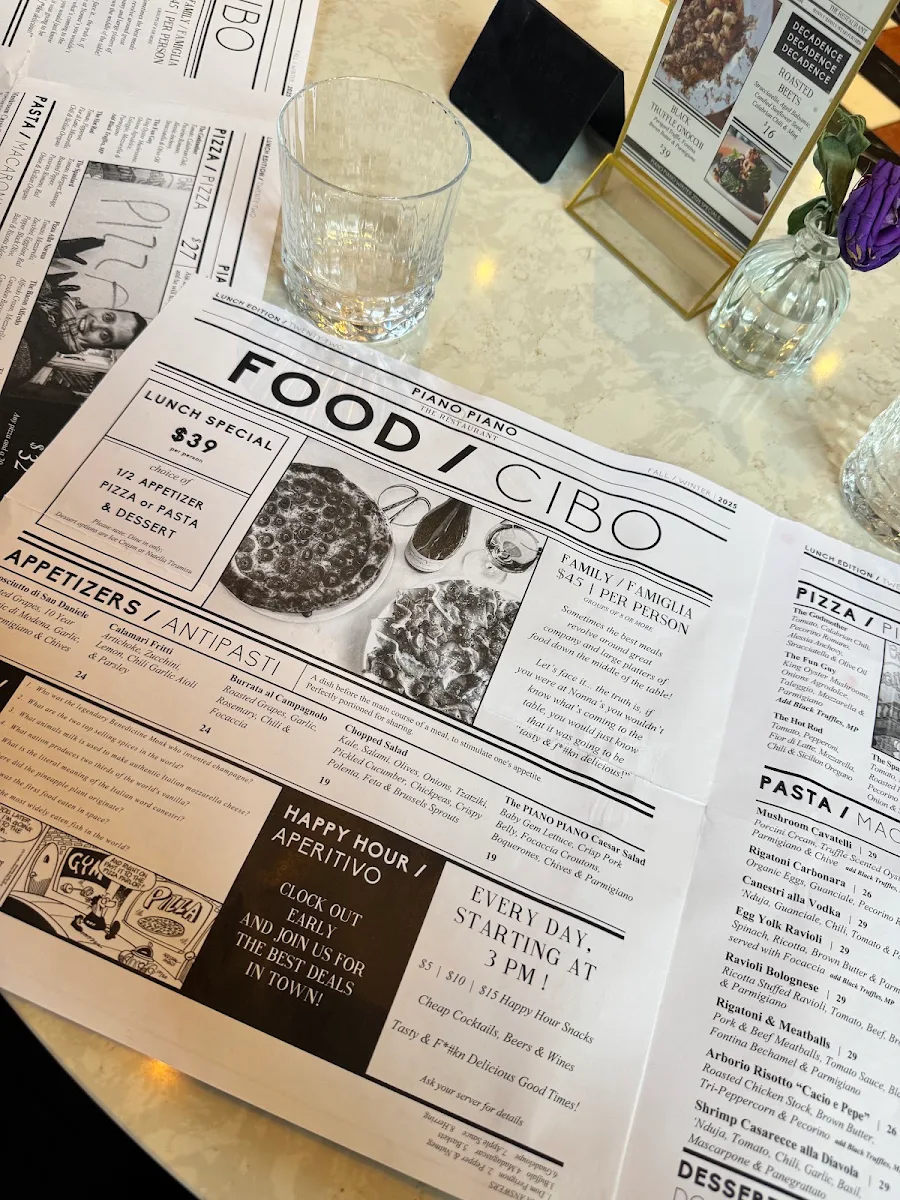 Menu, Piano Piano Restaurant