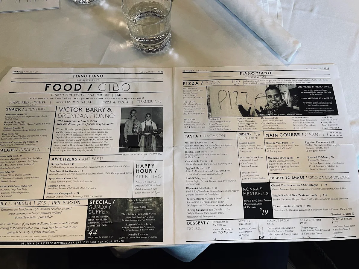 Menu, Piano Piano Restaurant