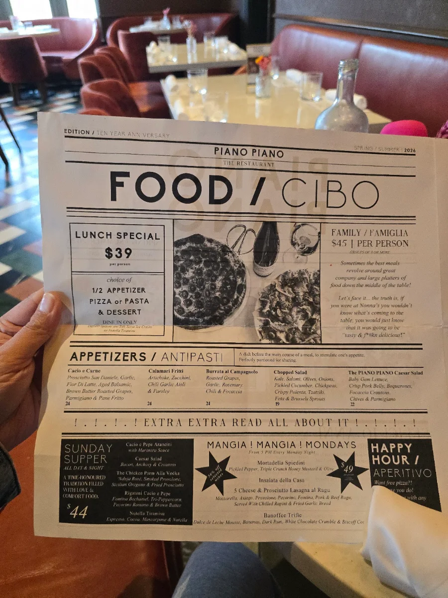 Menu, Piano Piano Restaurant