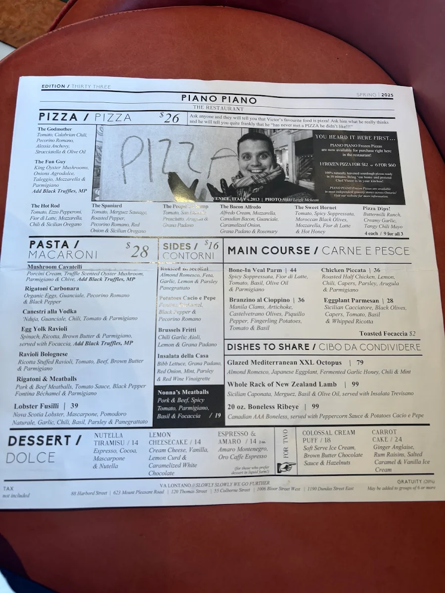 Menu, Piano Piano Restaurant