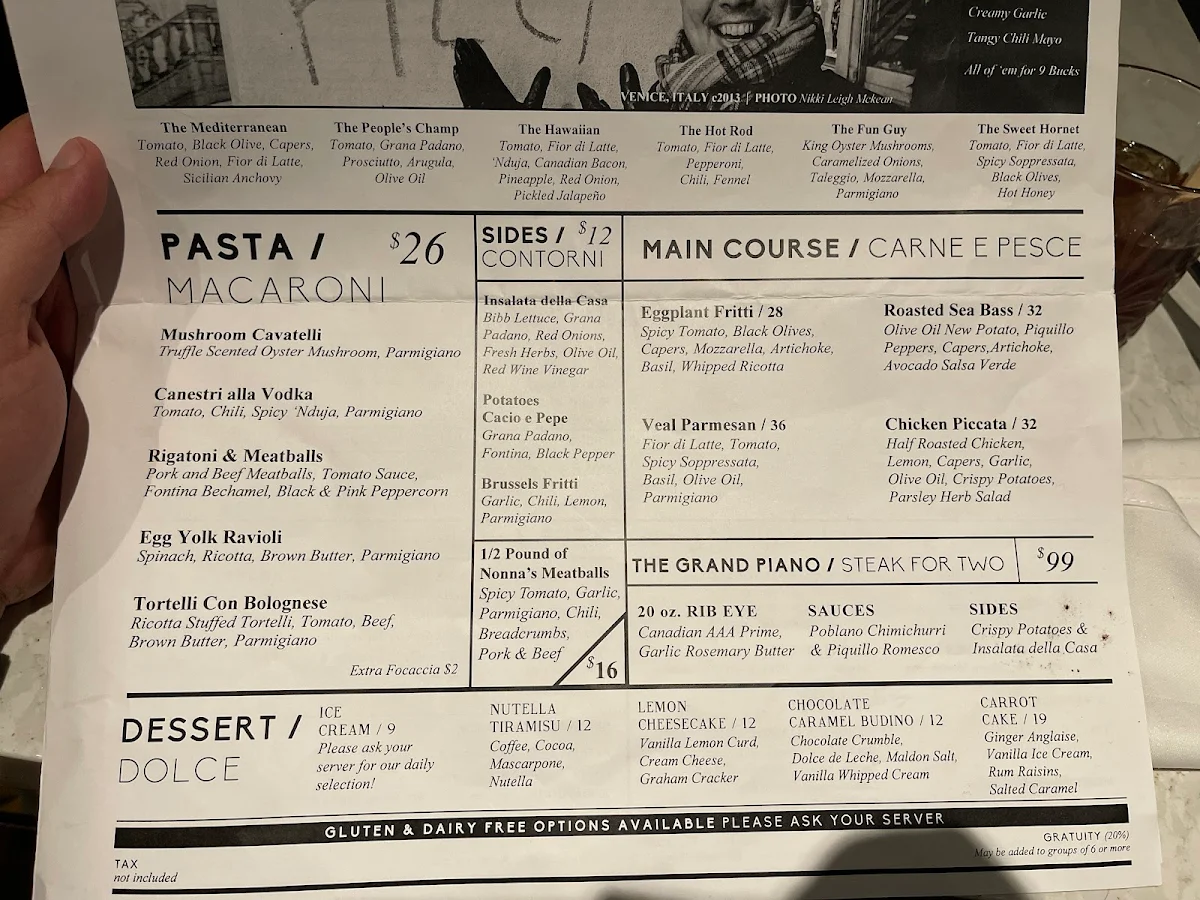 Menu, Piano Piano Restaurant