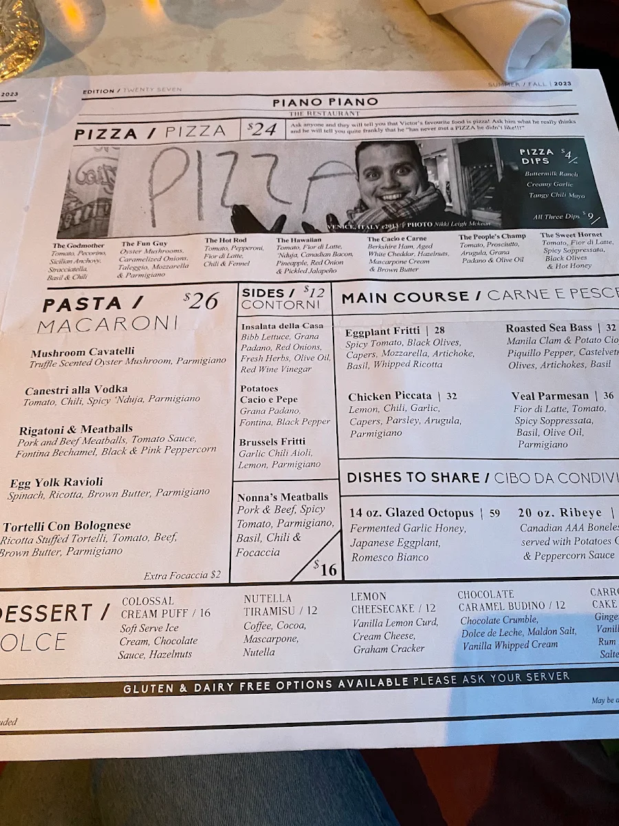 Menu, Piano Piano Restaurant