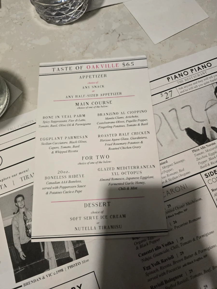 Menu, Piano Piano Restaurant