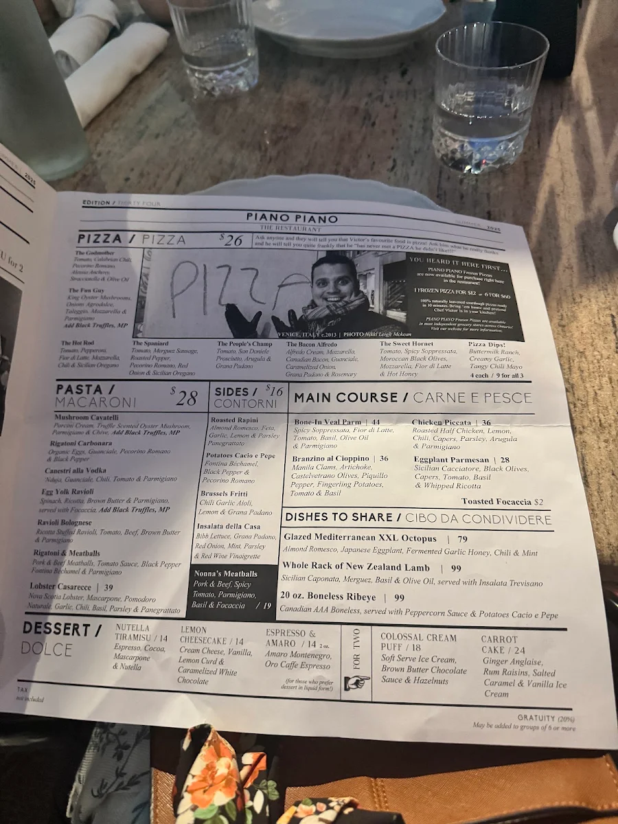 Menu, Piano Piano Restaurant