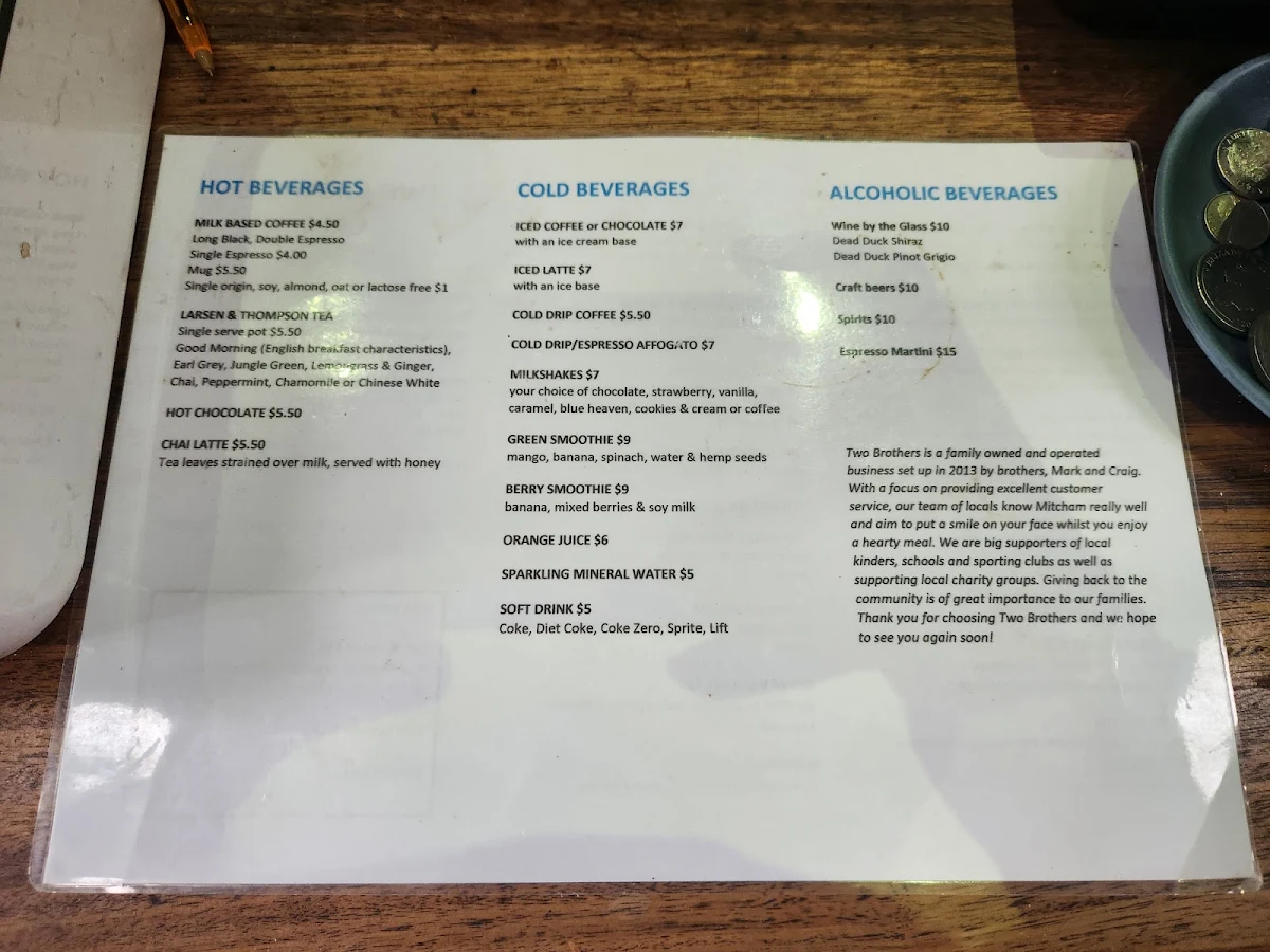 Menu, Two Brothers Mitcham