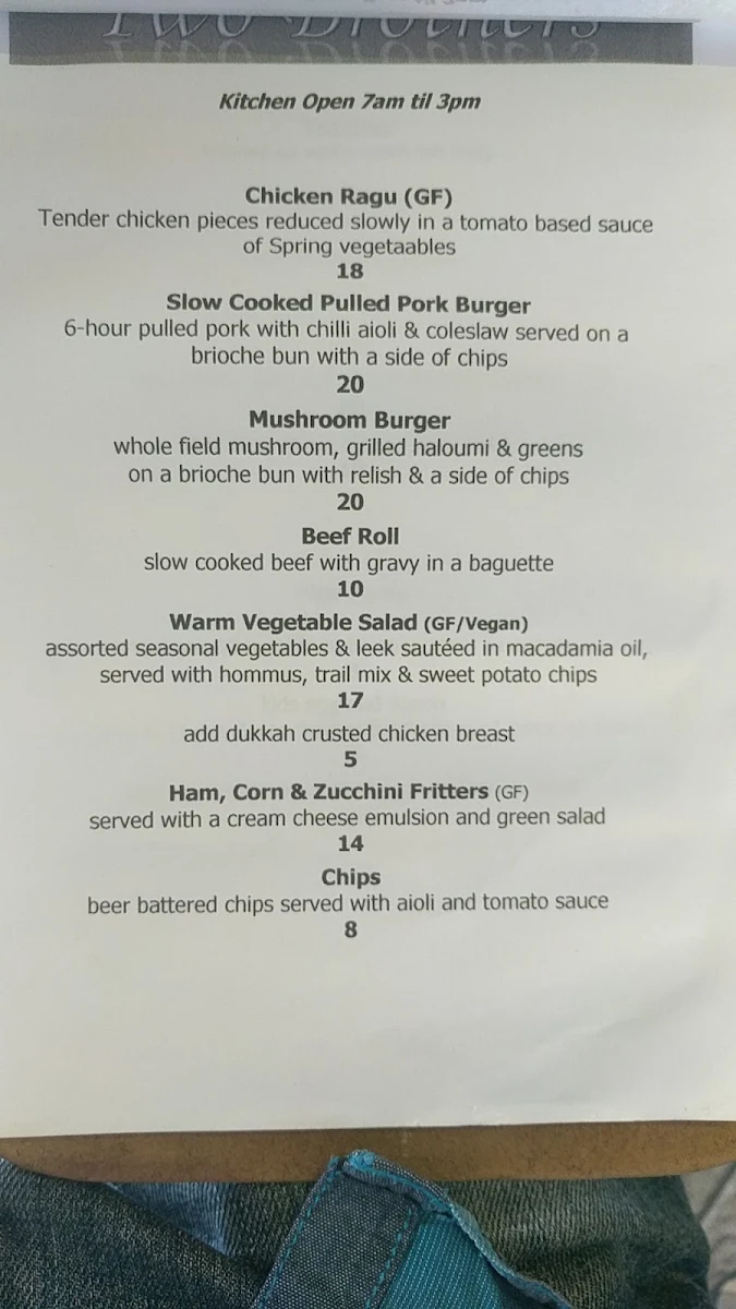 Menu, Two Brothers Mitcham