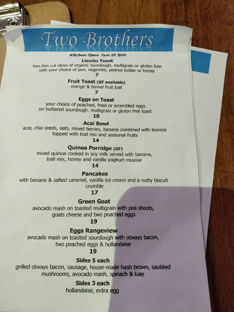 Menu, Two Brothers Mitcham