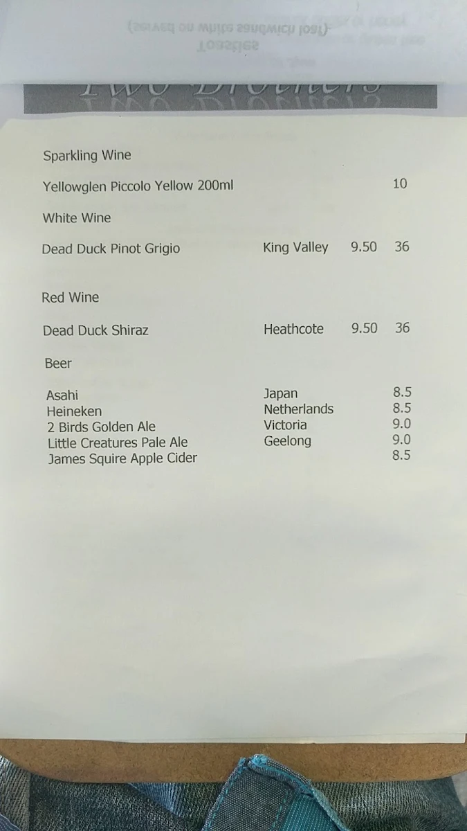 Menu, Two Brothers Mitcham