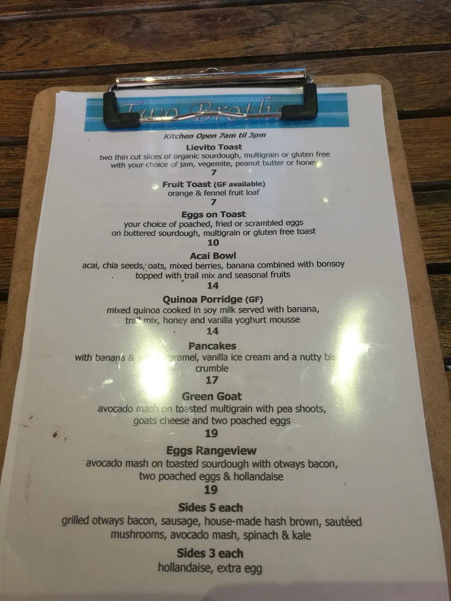 Menu, Two Brothers Mitcham