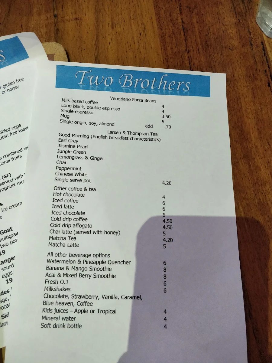 Menu, Two Brothers Mitcham