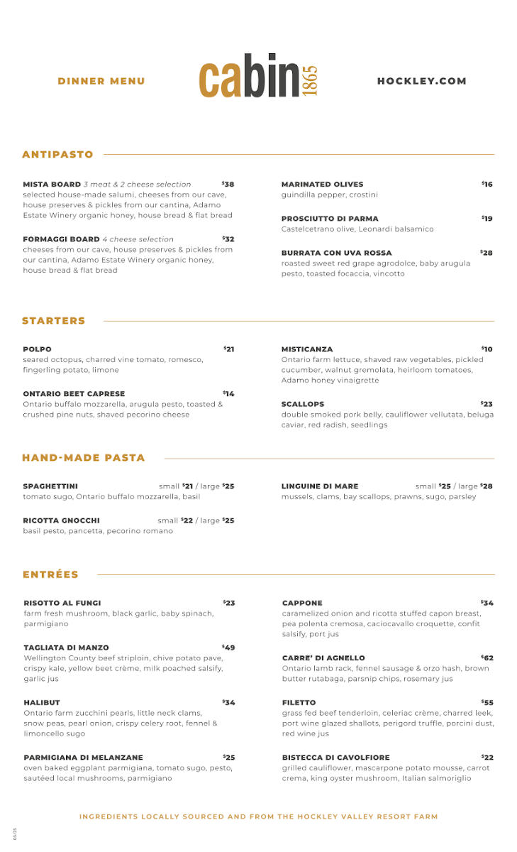 Menu, Cabin