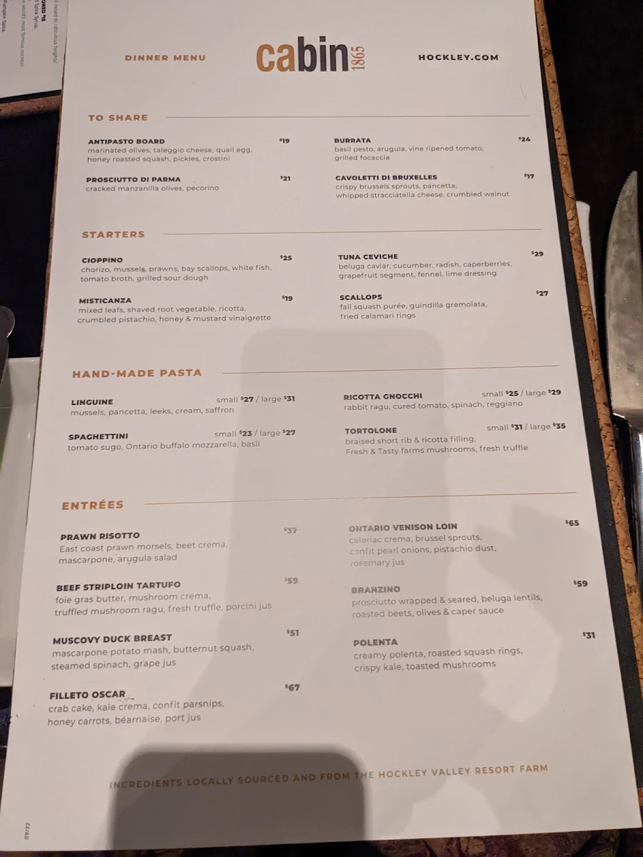 Menu, Cabin