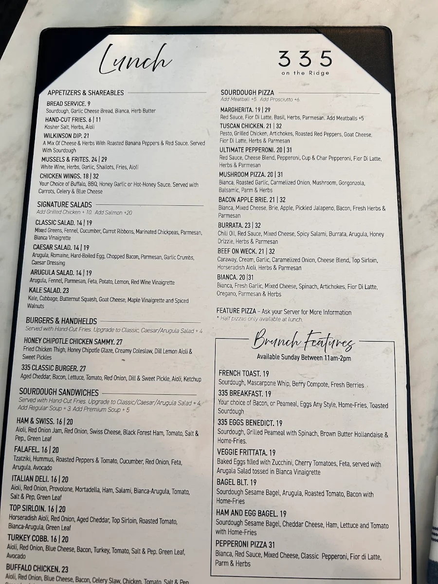 Menu, 335 on the Ridge