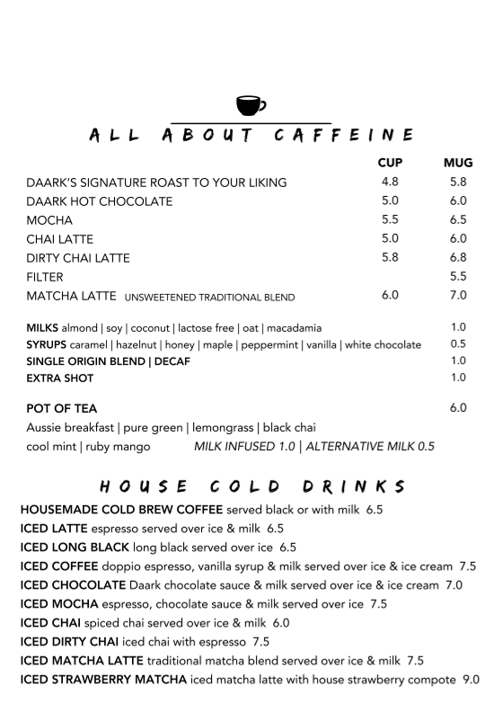 Menu, Daark Espresso